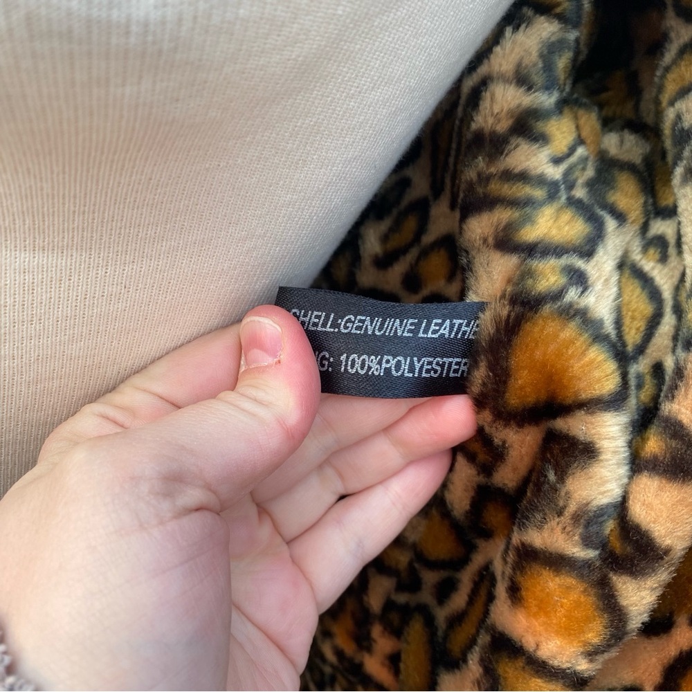 Leopard Trim Black Leather Jacket - image 5